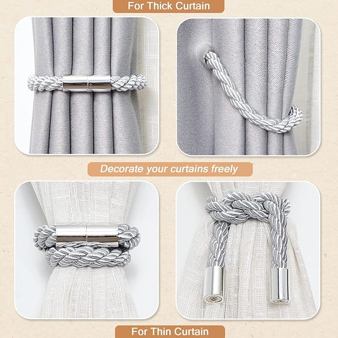 NICEEC 6 Pack Strong Magnetic Curtain Tiebacks Modern Simple Style Drape Tie Backs Convenient Decorative Weave Rope Curtain Holdbacks for Thin or Thick Home & Office Window Draperies (Light Grey)