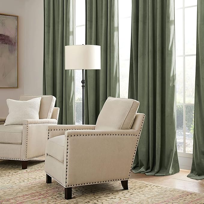RYB HOME Sage Green Velvet Curtains 94 inches with Hook Belt, Soft Fabric Room Darkening Thermal Insulated Luxurious Home Decor Curtains for Living Room Bedroom, W 52" x L 94", 2 Panels Set