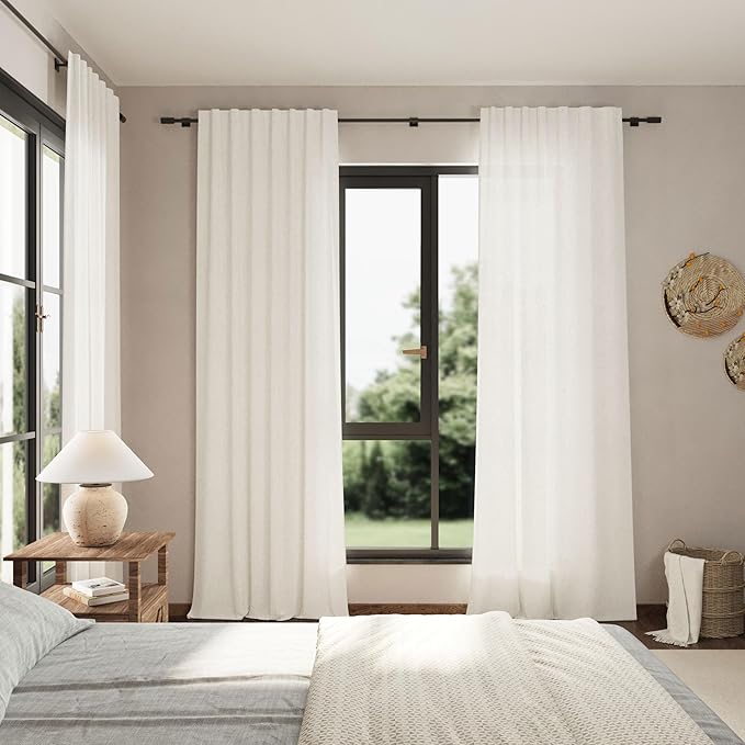 Nanspring Beige White Linen Curtains 102 Inches Long Rod Pocket Back Tab Drapes 2 Panels Set for Living Room Light Filtering Semi Sheer Beige White Curtain 102 Length for Patio Door Bedroom 52x102