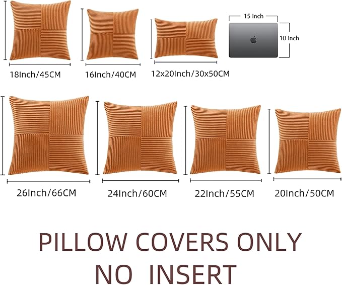 Fancy Homi 2 Packs Orange Fall Decorative Throw Pillow Covers 16x16 Inch for Living Room Couch Bed Sofa, Farmhouse Boho Home Decor, Soft Corss Patchwork Corduroy Textured Square Cushion Case 40x40 cm