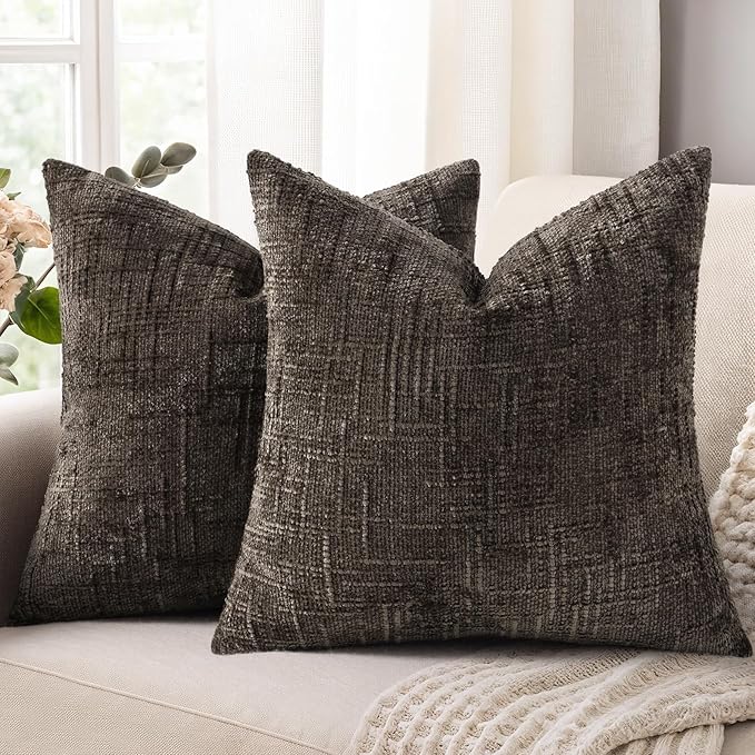 decorUhome Dark Brown Chenille Euro Sham Throw Pillow Covers 24x24 Set of 2 Textured Soft Cozy Slubby Couch Pillow Covers Modern Farmhouse Boho Decorative Pillow Cases for Bed Sofa Living Room