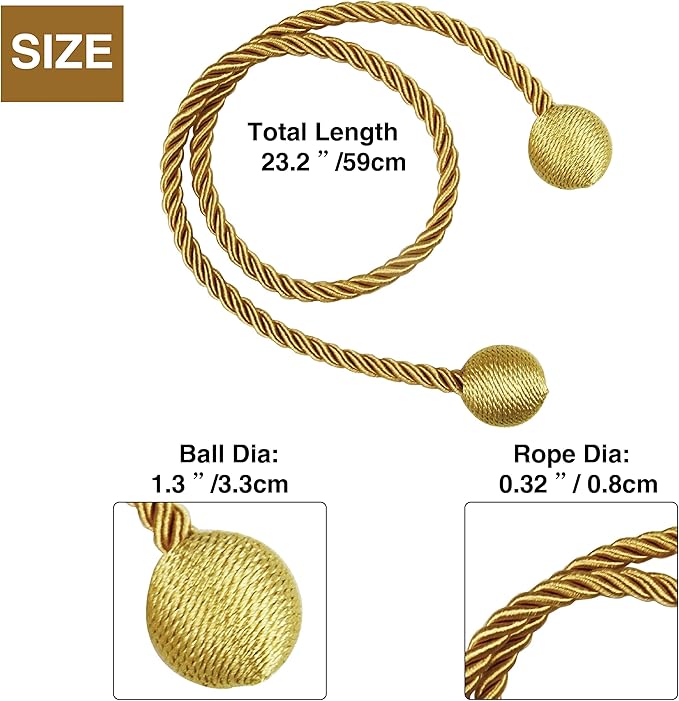 Curtain Tiebacks Outdoor Elegant Decorative Tie Backs Modern Rope Tiebacks for Drapes Window Curtain Holdbacks for Draperies (Gold, 2)