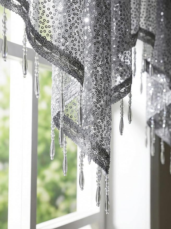 Molaxhome Swag Curtain 51 inch Length Rod Pocket Scalloped Curtain Valance Sheer Lace Panels with Hanging Crystal Beads for Kitchen Bedroom Window Treatments Drape Decor 1pc (Sequin Silver, 51Wx23L)