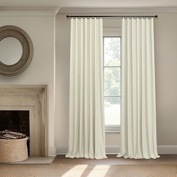 Cream Beige Blackout Curtains 90 Inches Long Thick Linen Patio Curtains for Sliding Glass Doors Cute Black Out Curtain for Nursery Bedroom Aesthetic Back Tab Pocket Pleated Drape 2 Panels 52x90 Length