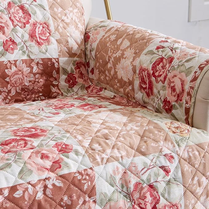 Great Bay Home Reversible Floral Patchwork Sofa Furniture Protector - Machine Washable, Scalloped Edge, Stain Resistant, Printed Furniture Cover for Dogs, Kids, and Pets (Burgundy/Taupe)