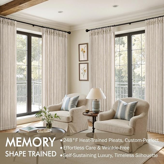 MIULEE Pinch Pleated Thick Linen Curtains 84 Inches Long 2 Panels for Living Room Bedroom, Linen Texture Memory Trained Pleat Drapes Back Tab Semi Sheer Privacy Neutral Ivory Cream Farmhouse Curtains