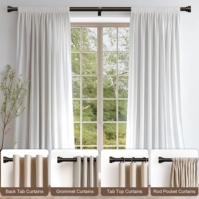Lootkell Modern Brown Curtain Rods for Windows 66 to 120 Inches Adjustable Length Heavy Duty 1" Diameter Window Curtain Rod with Decorative Finials for Outdoor Farmhouse Bedroom Kitchen Living Room