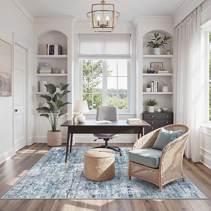Soalmost Area Rugs 4x6 for Living Room, Vintage Abstract Washable Rugs for Dining Room, Kitchen, Non-Slip Area Rug Blue