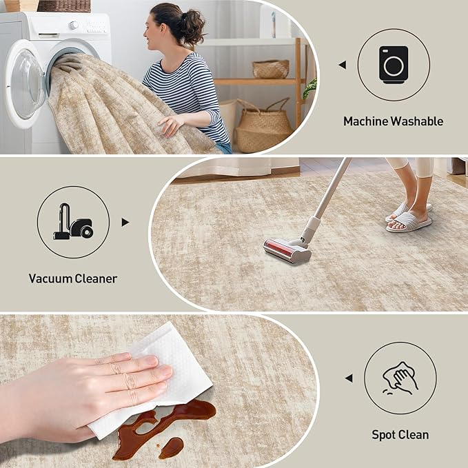 4x6 Area Rugs Washable Rug: Modern Abstract Living Room Rug Soft Anti-Skid Thin Carpet Indoor Floor Non-Shedding Carpets for Bedroom Dining Room Farmhouse Nursery Home Office - Beige