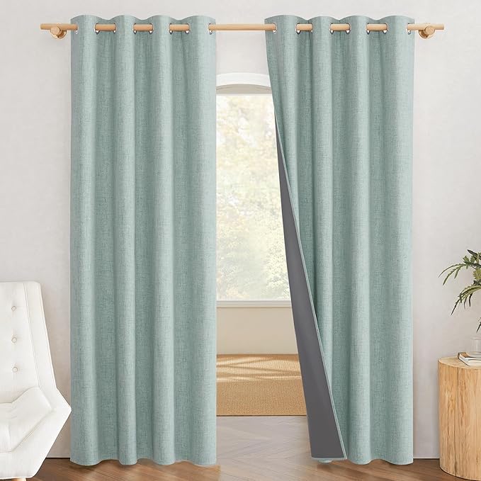 NICETOWN 100% Absolutely Blackout Linen Curtains with Thermal Insulated White Liner, Seafoam Green, 52 inches Wide, 84 inches Length Energy Saving Drapes for Living Room 2 Panels Set, Vertical Blinds
