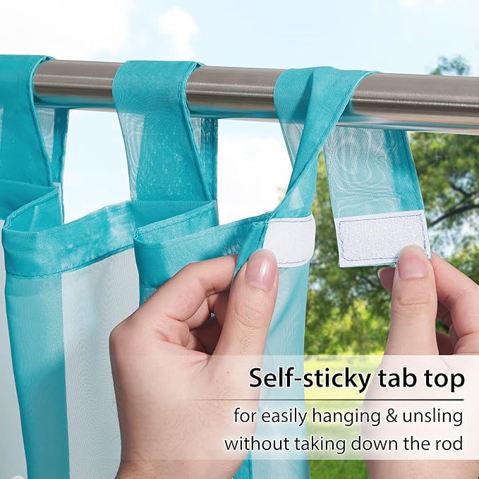 RYB HOME Outdoor Sheer Curtain for Patio, Self-Sticky Tabs Top Waterproof Breathable Voile Curtain with 1 Tieback, Privacy & UV Protection for Porch Deck Pergola, W 54" x L 108", 1 Panel, Teal