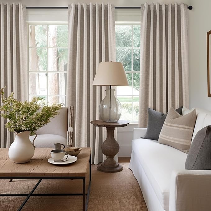 Linen Blackout Curtains 120 Inches Long for Bedroom 100% Black Out Luxury Farmhouse Ceiling Track Curtains with Hooks Drapes for Sliding Glass Patio Doors Inside 10 ft Large Window (W52 xL120 2Panels)