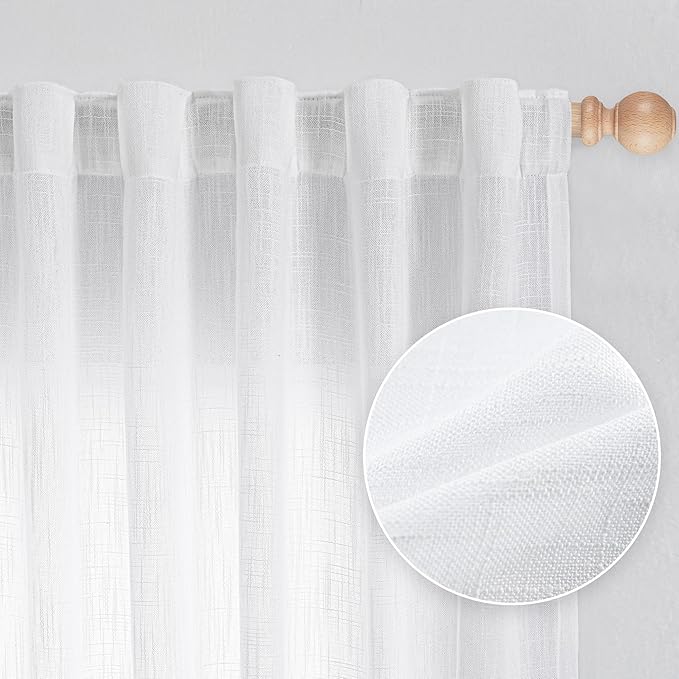 MYSKY HOME Floor to Ceiling Curtains 120 Inches White Sheer Window Drapes 2 Panel Sets Back Tab Draperies Linen Look Boho Fabric, Soft Cotton Blend Light Filtering for Living Room