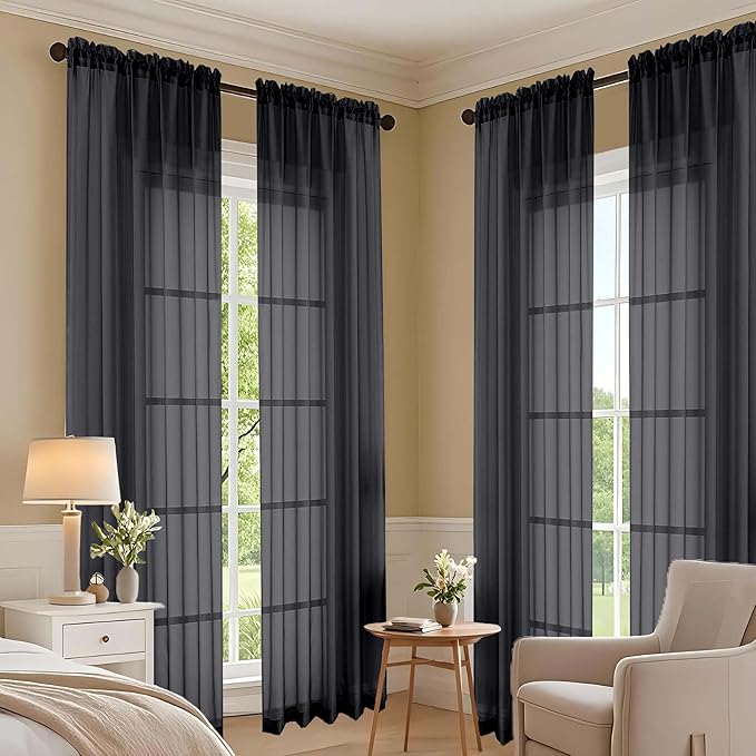 OVZME Black Sheer Curtains 84 Inches Long 2 Panels Set, Light Filtering Sheer Curtains for Living Room Bedroom 59 Inch Extra Wide, Modern Voile Filmy Rod Pocket Window Drapes, 59Wx84L Inches