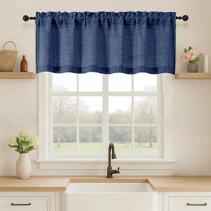 OVZME Navy Blue Valance for Windows, Light Filtering Faux Linen Textured Small Kitchen Valances for Windows, Dual Rod Pocket Farmhouse Short Curtain for Bathroom Basement, 60Wx18L inch, 1 Piece