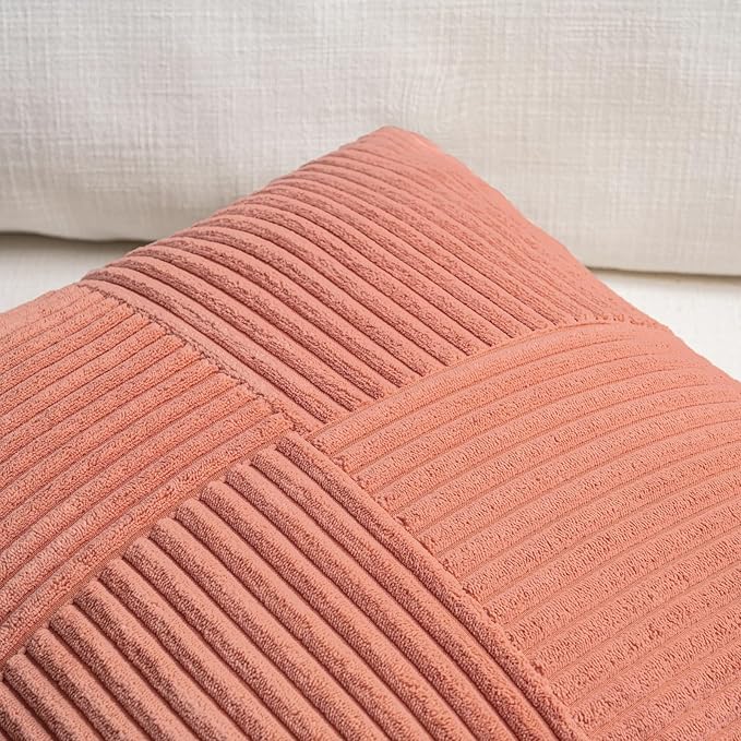 Fancy Homi 2 Packs Coral Lumbar Decorative Throw Pillow Covers 14x22 Inch for Living Room Couch, Rustic Farmhouse Boho Home Decor, Soft Striped Corduroy Rectangle Accent Peach Cushion Case 35x55 cm