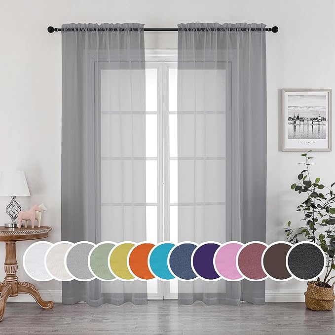 OWENIE Sheer Curtains 90 Inch Length, Elegant Grey Sheer Curtains for Bedroom, Window Voile Sheer Curtain Panels/Drapes/Treatment for Living Room, 2Pcs, Each 42" W x 90" L Inch