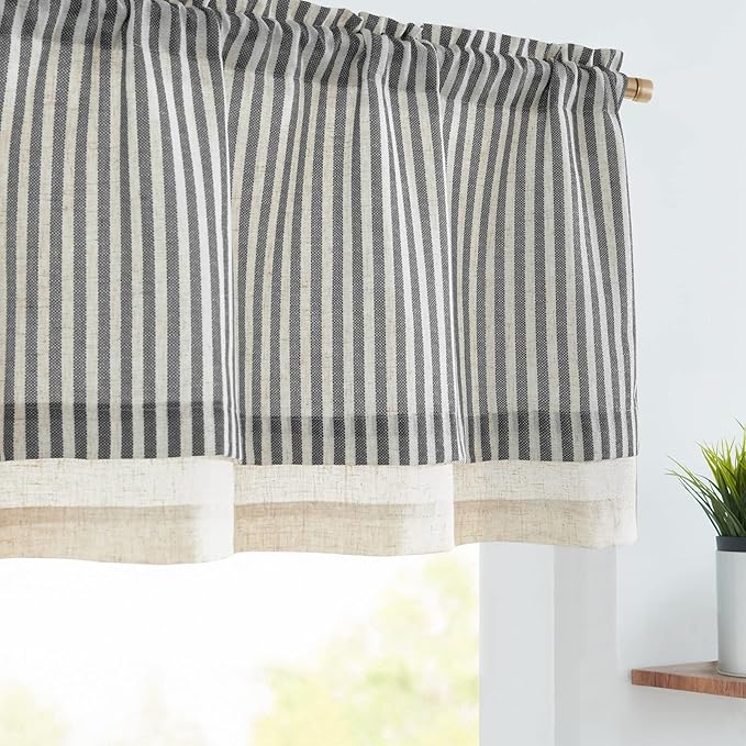 jinchan Linen Valance Curtain Striped Small Window Curtain Double Layer Light Filtering Modern Farmhouse Valance for Kitchen Living Room Bedroom 18 Inch Rod Pocket 1 Panel Black on Beige