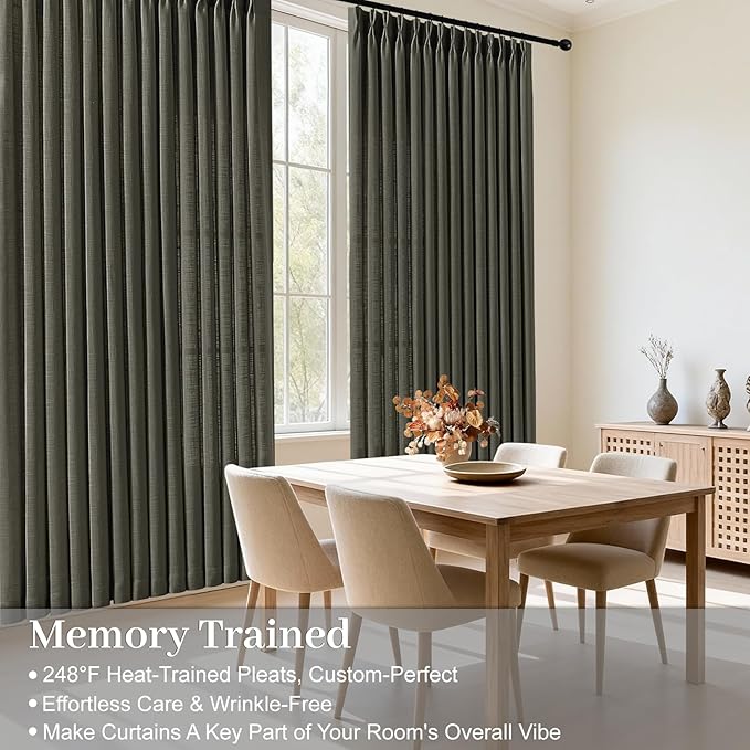 Pinch Pleated Curtains 90 Inch Length for Living Room, Semi Sheer Linen Pleated Curtain with Hooks Rings Light Filtering Back Tab Drapes for Bedroom Dining Room, 40x90, Charcoal Grey, 2 Panels