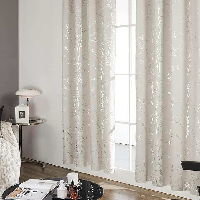 Deconovo Beige Blackout Curtains, Boho Farmhouse Curtain, Thermal Insulated Soundproof Drapes, Silver Branch Print, 52 x 108 Inch Long, Machine Washable Window Panels for Living Room Bedroom, Set of 2