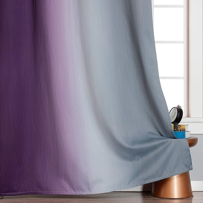 Purple and Grey Blackout Curtains 54 Inches Long,Ombre and Wavy Line Pattern 100% Blackout Curtains for Bedroom,Full Light Blocking Grommet Thermal Insulated Drapes for Kids Room, 52x54 Inch, 2 Panels