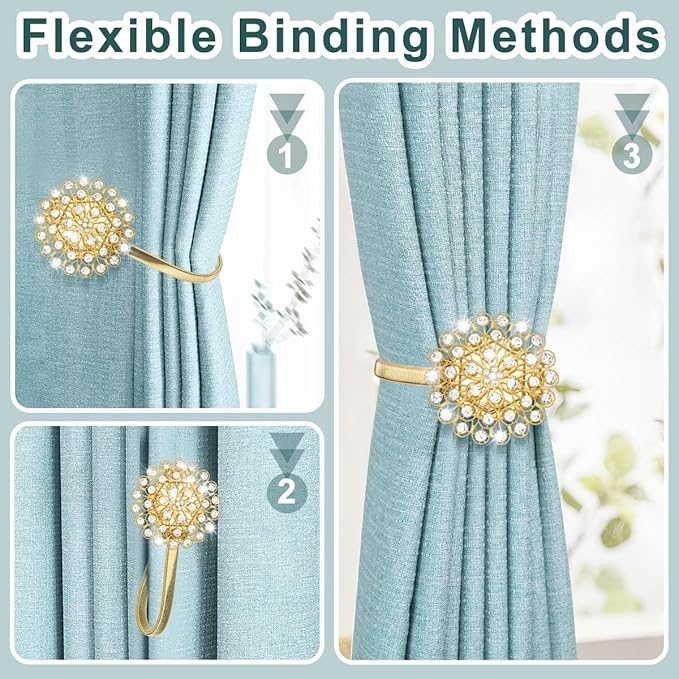AULEEP Magnetic Curtain Tiebacks, 4 Pack Magnetic Crystal Decorative Drapes Curtain Clips Buckle, Flower Curtain Tie Back, European and American Style (Gold)