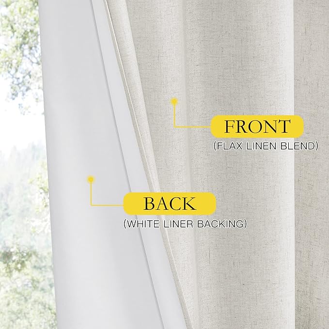 NICETOWN 100% Absolutely Blackout Linen Curtains with Thermal Insulated White Liner, Ivory, 62" Wide, 2 Pieces, Privacy Vertical Window Drapes for Office Laundry Living Room Windows 84 inch Long