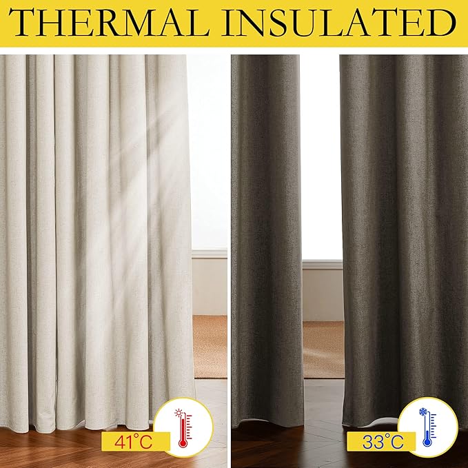 NICETOWN Linen Blackout Cold Blocking Curtains 63" Long for Classroom, Beige, Set of 2, Short Kitchen Burlap Linen 100% Blackout Drape Panels for Night Shift, Great Job for Blocking Light