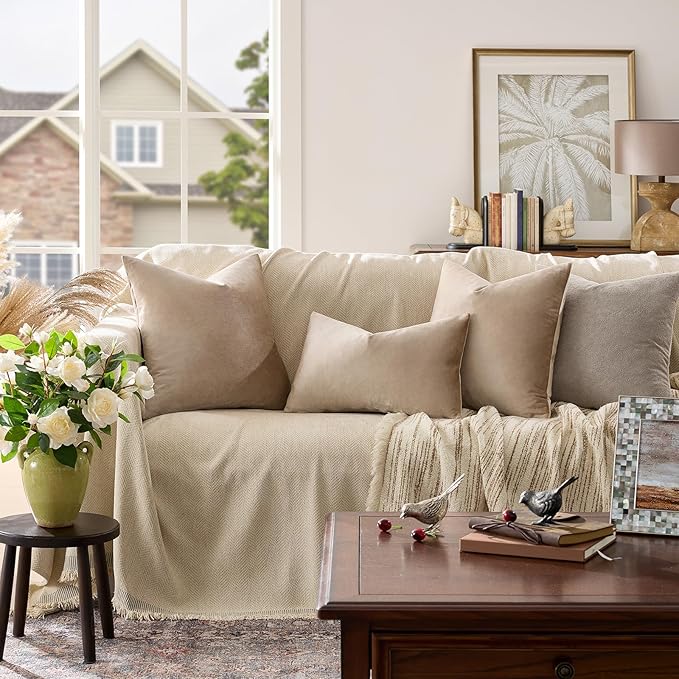 GIGIZAZA Decorative Throw Pillow Covers 26x26,Set of 2 Taupe Square Couch Pillow Covers,Velvet Sofa Boho Cushion Pillows