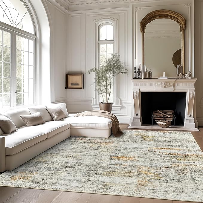 5x7 Area Rugs Gray Rust Low Pile Indoor Washable Trendy Faded Style Rugs for Bedroom Living Room Dining Room Foldable Non-Slip Thin Print Mat
