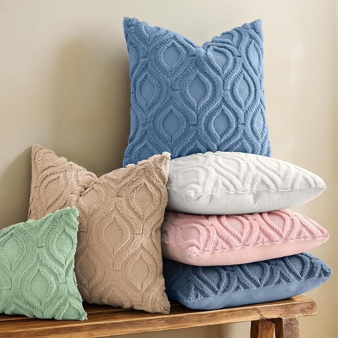 decorUhome Throw Pillow Covers 20x20 Inch Set of 2, Soft Plush Faux Wool Dusty Blue Solid Couch Pillow Covers, Accent Farmhouse Neutral Square Pillow Cases for Sofa Bed Living Room