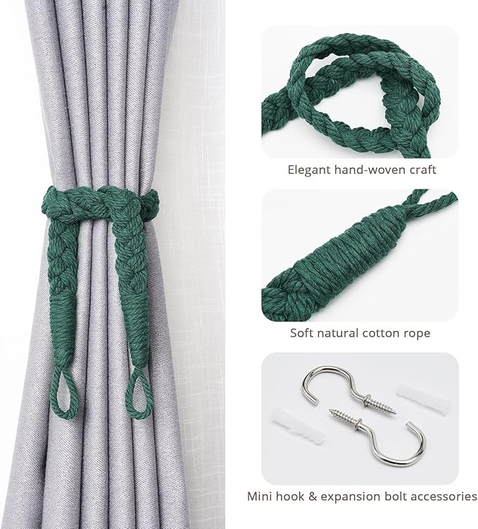NICEEC 4 Pack Natural Cotton Rope Curtain Tiebacks Elegant Boho Style Decorative Drape Tie Backs Soft Hand-Woven Rope Curtain Holdbacks with Metal Hook for Home & Office Drapery (Dark Green)