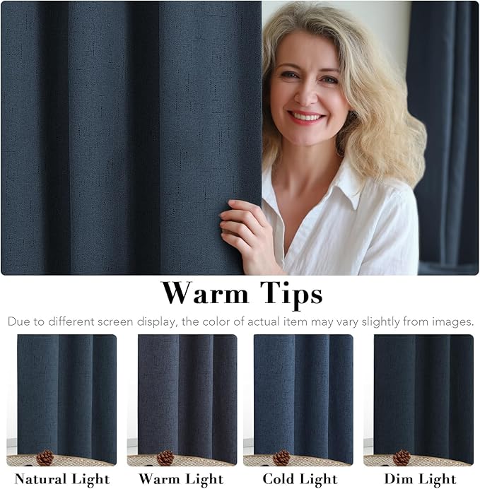 H.VERSAILTEX Linen Blackout Curtains Durable Thick Textured Linen Look 100% Blackout Patio Door Curtain Anti Rust Grommet Extra Wide Sliding Door Curtain Panel, W100 x L84 inch - Navy