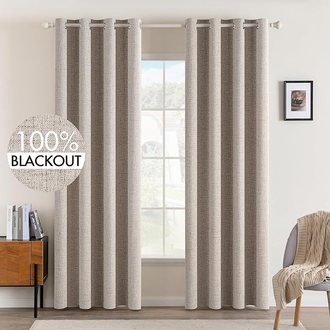 MIULEE Blackout Curtains for Bedroom Linen Texture Solid Thermal Insulated Natural Khaki Grommet Room Darkening Curtains & Drapes Luxury Decor for Living Room Nursery 52 x 84 Inch (2 Panels)