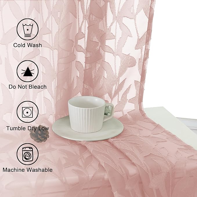 Lecloud Leia Blush Pink Sheer Curtains 90 Inches Long 2 Panels Set, Breathable Jacquard Leaves Textured Voile Semi Sheer Curtains, Farmhouse Drapes Window Treatments with Dual Rod Pocket, 38 W x 90 L