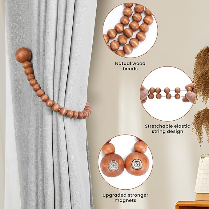 KLOGTSIND Magnetic Curtain Tiebacks, Curtain Tie Backs for Curtains 4 Pack, Wood Bead Curtain Tiebacks, Curtain Holders for Boho Bedroom Decor, Baby Nursery Decor, Farmhouse Decor