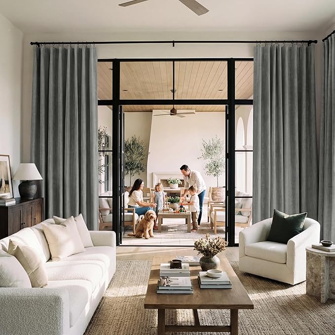 RYB HOME 100% Blackout Curtains Linen Textured 102 Inch Long, Insulating Energy Saving Window Curtains for Bedroom Living Room Dining Patio Sliding Glass Door, W52 x L102 inch, Grey, 2 Panels