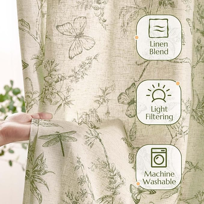 jinchan Floral Curtains Lined Linen Blend Curtain for Living Room 96 Inch Length Sage Green Farmhouse Flower Patterned Curtain French Country Curtains Drapes Back Tab Rod Pocket 2 Panels