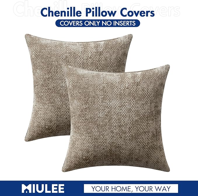 MIULEE Pack of 2 Euro Sham Pillow Covers 24x24 Inch Neutral Khaki Modern Boho Accent Decorative Throw Pillow Covers Soft Chenille Farmhouse Cushion Covers for Home Decor Couch Bed Sofa Living Room