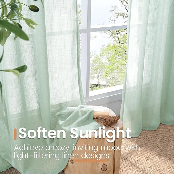 BGment 40 Inch Length Light Green Linen Curtains - Short Semi Sheer Drapes Textured for Living Room Window Spring Decorative with Rod Pocket Lightweight Rustic, 2 Panels Set, 42 X 40 Inch
