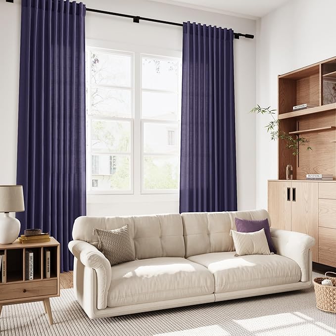 Nanspring Purple Linen Blend Light Filtering Back Tab Curtains 108 Inches Long, Semi Sheer Privacy Drapes for Living Room & Bedroom, 52x108 inch, 2 Panels