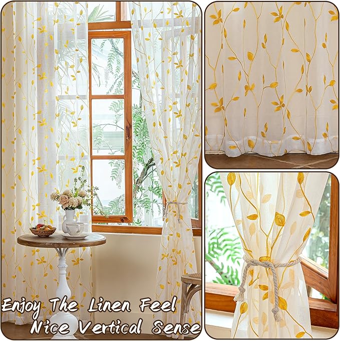 AmHoo 2 Panels Embroidered Leaf Pattern Semi Sheer Curtains Foliage Floral Voile Window Draperies Treatment for Bedroom Living Room Rod Pocket White Gold Yellow 53 x 63 Inch