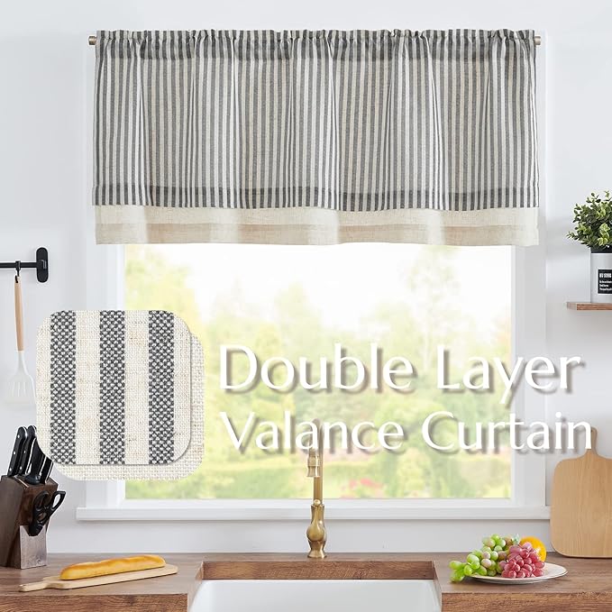 jinchan Linen Valance Curtain Striped Small Window Curtain Double Layer Light Filtering Modern Farmhouse Valance for Kitchen Living Room Bedroom 18 Inch Rod Pocket 1 Panel Black on Beige
