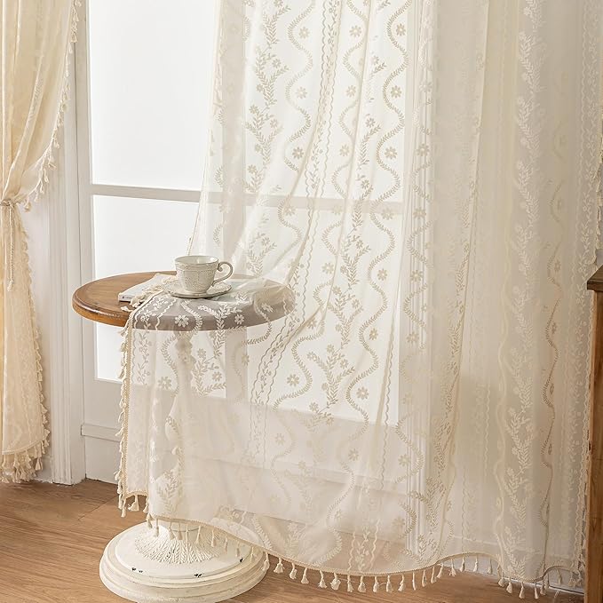 WAZZIO Boho Lace Curtains 2 Panels 84 Inches Long-Cute Vintage Victorian Sheer Panels with French Country Flower Pattern & Tassel Light Filtering Privacy for Bedroom Dining Living Room,Beige
