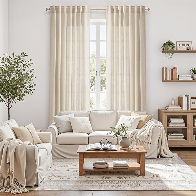 Nanspring Cream Beige Linen Curtains 84 Inches Long for Living Room Light Filtering Semi Sheer Curtain Back Tab Modern Farmhouse Decor Elegant Luxury Coastal Drapes for Bedroom Office 52x84,2 Panels