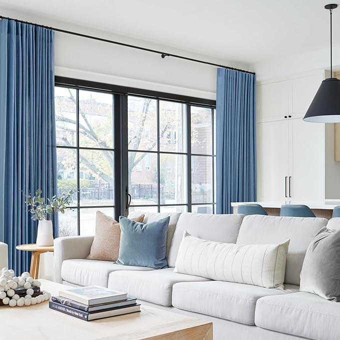 Denim Blue Curtains for Living Room Back Tab Modern Farmhouse Semi Sheer Blue Curtains 90 inches Long 2 Panels Set Muted Neutral Window Curtain for Dining Room Bedroom 52x90