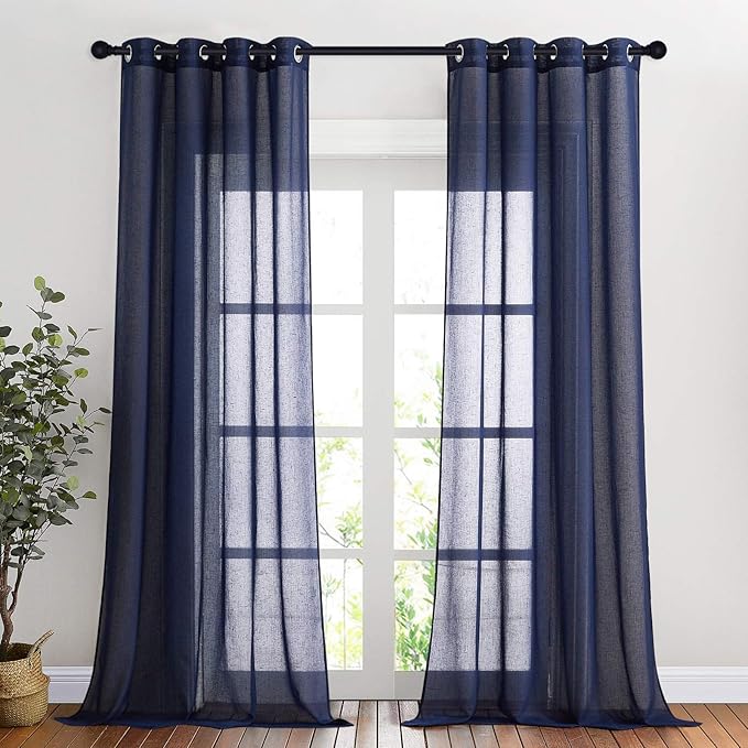 NICETOWN Linen Sheer Living Room Curtains 90 inch Long, Privacy Chic Semi Sheer Window Drapes Privacy with Light Filtering for Bedroom/Boys Room, W52 x L90, Dark Blue, 1 Pair