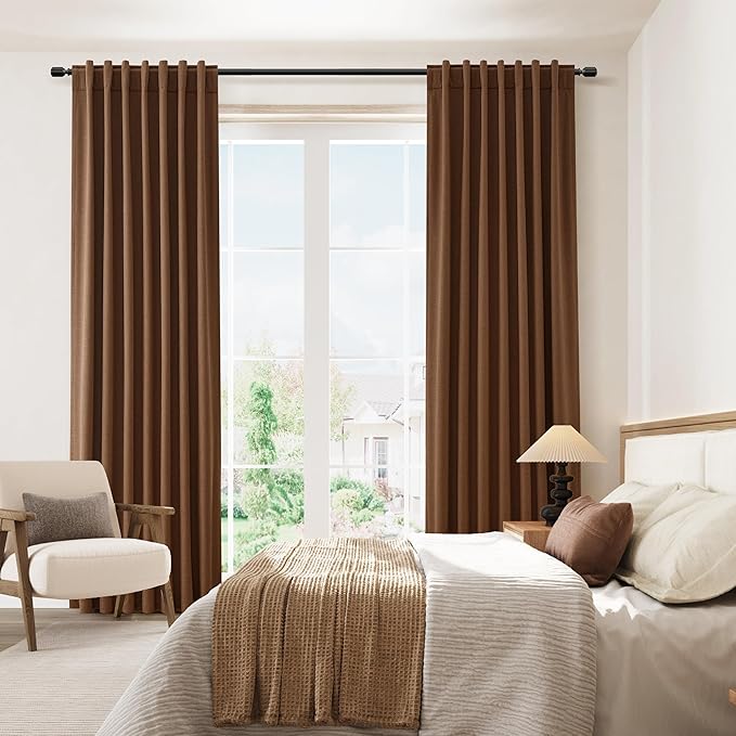 Guken 100% Blackout Linen Curtains 84 Inch Length 2 Panels Set for Living Room Bedroom Back Tab Thermal Insulated Black Out Linen Drapes Room Darkening Window Curtains 84 Inches Long,Caramel Brown