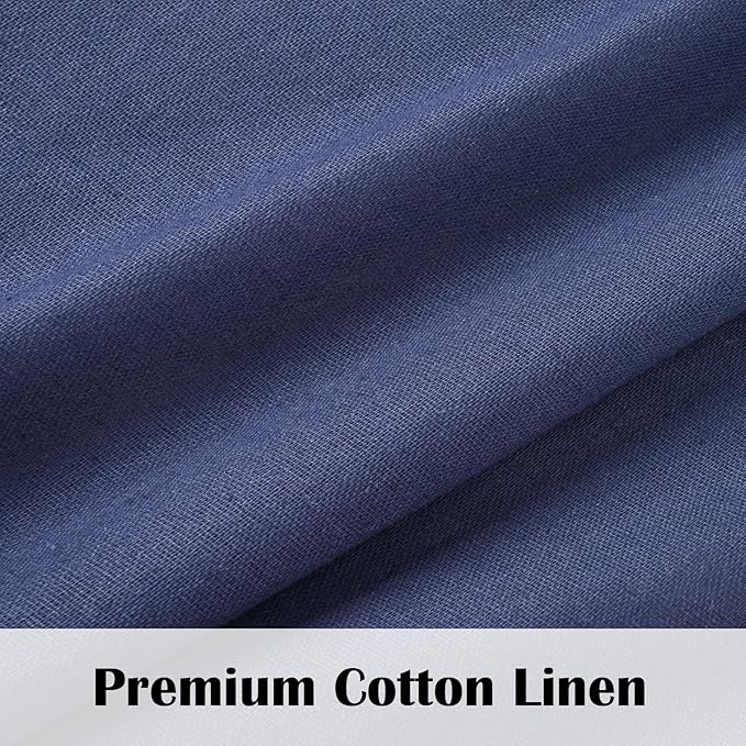 FRAMICS Farmhouse Cotton Linen Curtains for Living Room, Boho Button Curtains 63 Inch Length, Navy Blue Rustic Country Linen Window Curtains for Bedroom, Rod Pocket Curtains & Drapes, 52 x 63 Inch