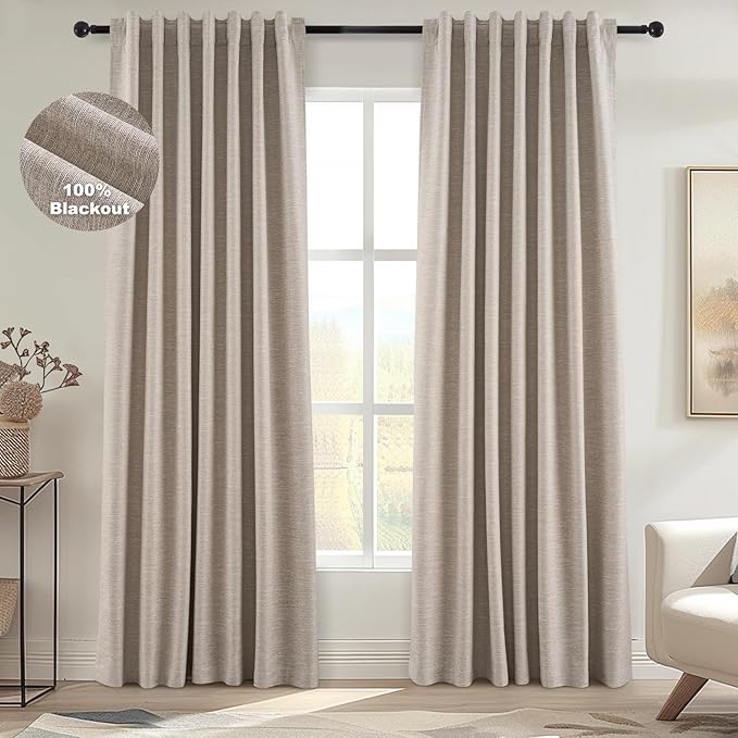 Topfinel Extra Long Custom 102 Inch Curtains, 100% Blackout Curtains Drapery for Bedroom, Winter Acoustic Noise Cancelling Pleated Heading Tape Hook Back Tab Burap Taupe Boho Drapes 2 Panel Set